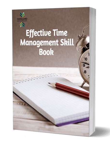 Cover of the book titled "Effective Time Management Skill Book" showing a clock with arrows pointing to various time management tips.