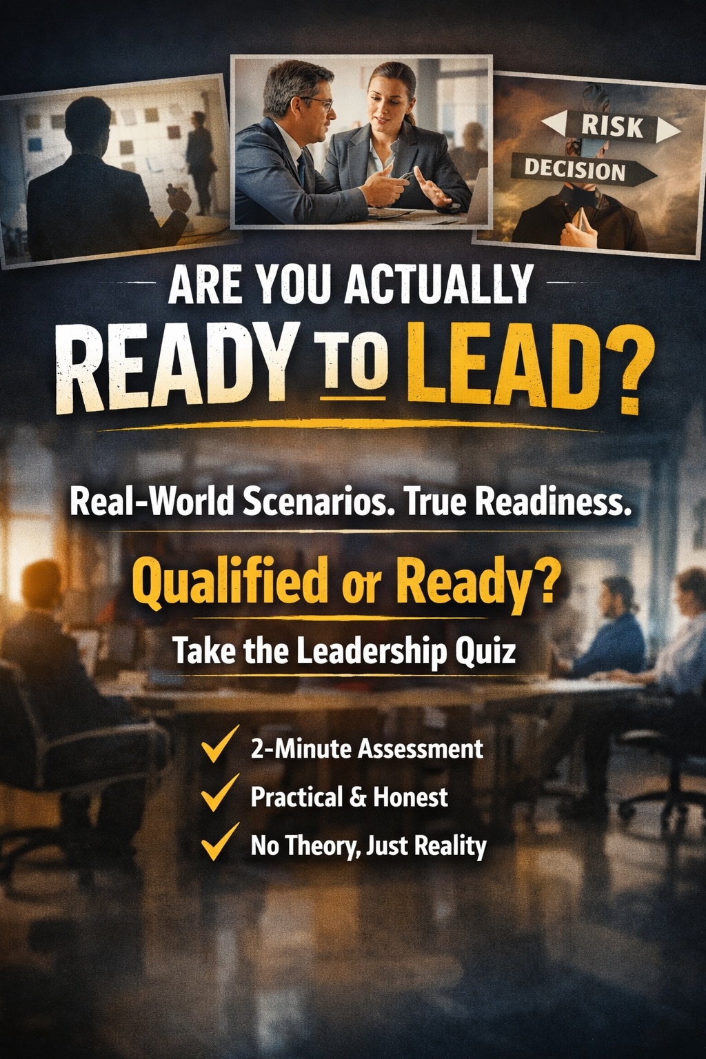 Leadership readiness quiz image showing professionals in real workplace decision-making scenarios with the headline “Are You Actually Ready to Lead?”