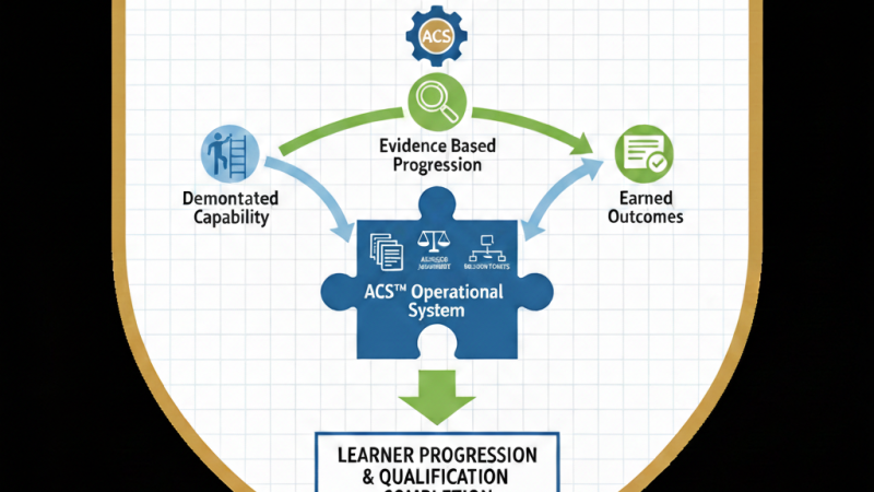 Diagram showing the Applied Capability System (ACS™) and how learner progression is based on demonstrated capability, evidence based progression, and earned outcomes leading to qualification completion.