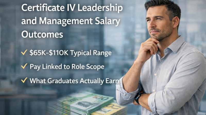 Professional male leader in office setting with text overlay showing Certificate IV in Leadership and Management salary range of $65K to $110K and pay linked to role scope.