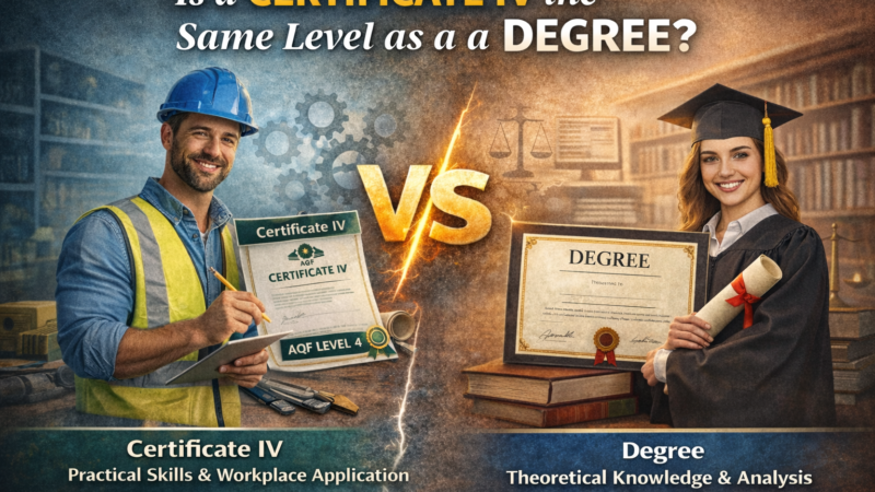 Certificate IV vs degree comparison showing vocational AQF Level 4 qualification focused on workplace skills compared with a university degree focused on theoretical knowledge.
