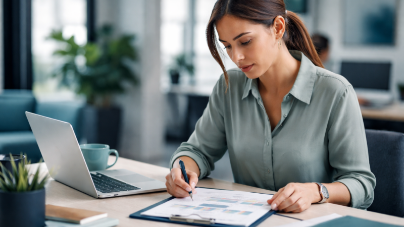 Professional woman reviewing a structured study plan at her desk with a laptop and documents