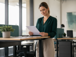 Professional Australian woman in her 30s reviewing documents at a standing desk in a modern open-plan office with teal accents.