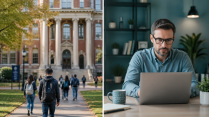 Split image comparing traditional university study with online learning, showing a blurred campus building on one side and a professional completing an online course on a laptop on the other.