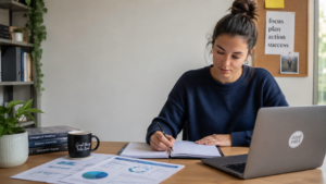 Australian online business student studying at organised home workspace
