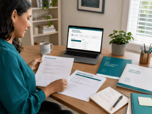 Adult online learner preparing a People and Culture portfolio with HR course dashboard, recruitment notes, onboarding checklist and HR templates on a clean study desk.