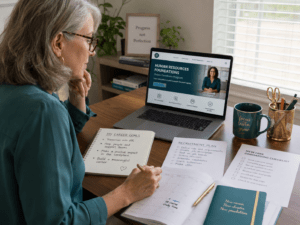 Mature adult learner planning a move into Human Resources at a tidy desk with a laptop, career goals notebook, recruitment notes, onboarding checklist and calendar.