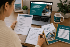 Adult learner comparing an HR Assistant job ad with Certificate IV in Human Resource Management course notes at a tidy desk with a laptop, checklist, notebook and HR documents.