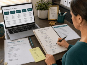 Adult learner mapping a HR Assistant career pathway in a notebook beside a laptop, entry-level HR job ad, onboarding checklist and recruitment notes in a clean home office workspace.