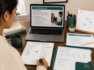 Adult learner planning progression from HR Assistant to HR Coordinator with HR pathway notes, role information and workplace process documents.