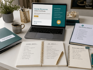 Admin worker planning a move into HR with a laptop, HR course information, admin and HR skills notebook, staff records folder, onboarding checklist and recruitment notes.