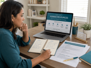 Adult learner reviewing HR career information on a laptop while writing pros and cons in a notebook at a clean study desk.