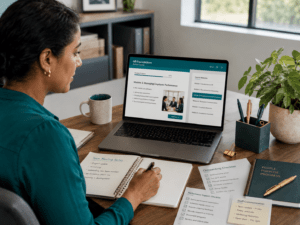 Workplace supervisor studying HR online with meeting notes, onboarding checklist and performance support documents on an organised desk.