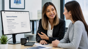 Prospective student reviewing Diploma of Business entry requirements on a computer with an education advisor during a professional consultation in a modern office.