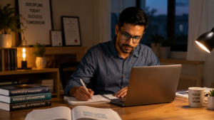 Working professional studying for a Diploma of Business in a home office after work, using a laptop and study materials while balancing career development and education.