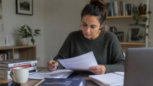 Adult student reviewing Diploma of Business assessment documents and study materials at a desk, focused on learning in a professional home study environment.