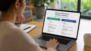 Prospective student comparing Diploma of Business and Bachelor of Business study pathways on a laptop while planning future education and career options.