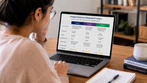 Prospective student researching and comparing Australian Diploma of Business providers on a laptop, reviewing course information, fees, and study options before making an enrolment decision.