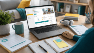 Newly enrolled HR student beginning an online course at a modern home office with a laptop displaying a course dashboard, study planner, enrolment documents and headphones arranged on a tidy desk.