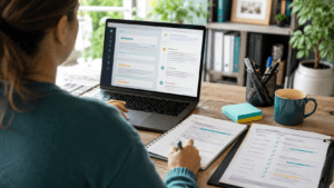 Online learner reviewing trainer feedback at a home office desk, using annotated assessment notes and a completed action checklist to make progress on coursework.