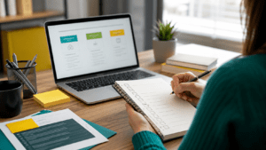 Prospective HR student preparing questions before contacting a training provider, using a laptop, notebook and course comparison checklist in a bright modern home office.