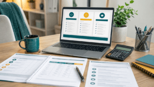 Professional course fee comparison workspace with a laptop, calculator, payment schedule, course comparison documents and an enrolment checklist arranged on a modern desk. The scene conveys transparent budgeting and informed enrolment decisions in a bright office with subtle teal and yellow accents.