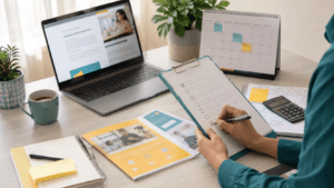 Adult professional reviewing a personal readiness checklist beside a calendar, budget notes and HR course information in a modern home office before enrolling in an online HR course.