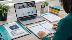 Prospective HR student completing final enrolment preparations at a modern workspace with a laptop, study planner, assessment checklist and organised identification folder.