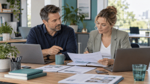 Australian manager delegating a project to a colleague who reviews documents and takes notes during a collaborative discussion in a modern small business office.