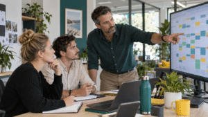 Australian operations manager reviewing a weekly team workload schedule on a large monitor with two employees in a modern small business office.