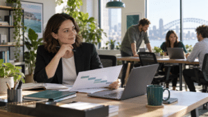 Newly promoted manager reviewing a four-week leadership action plan at her desk while colleagues collaborate in a modern Australian small business office.